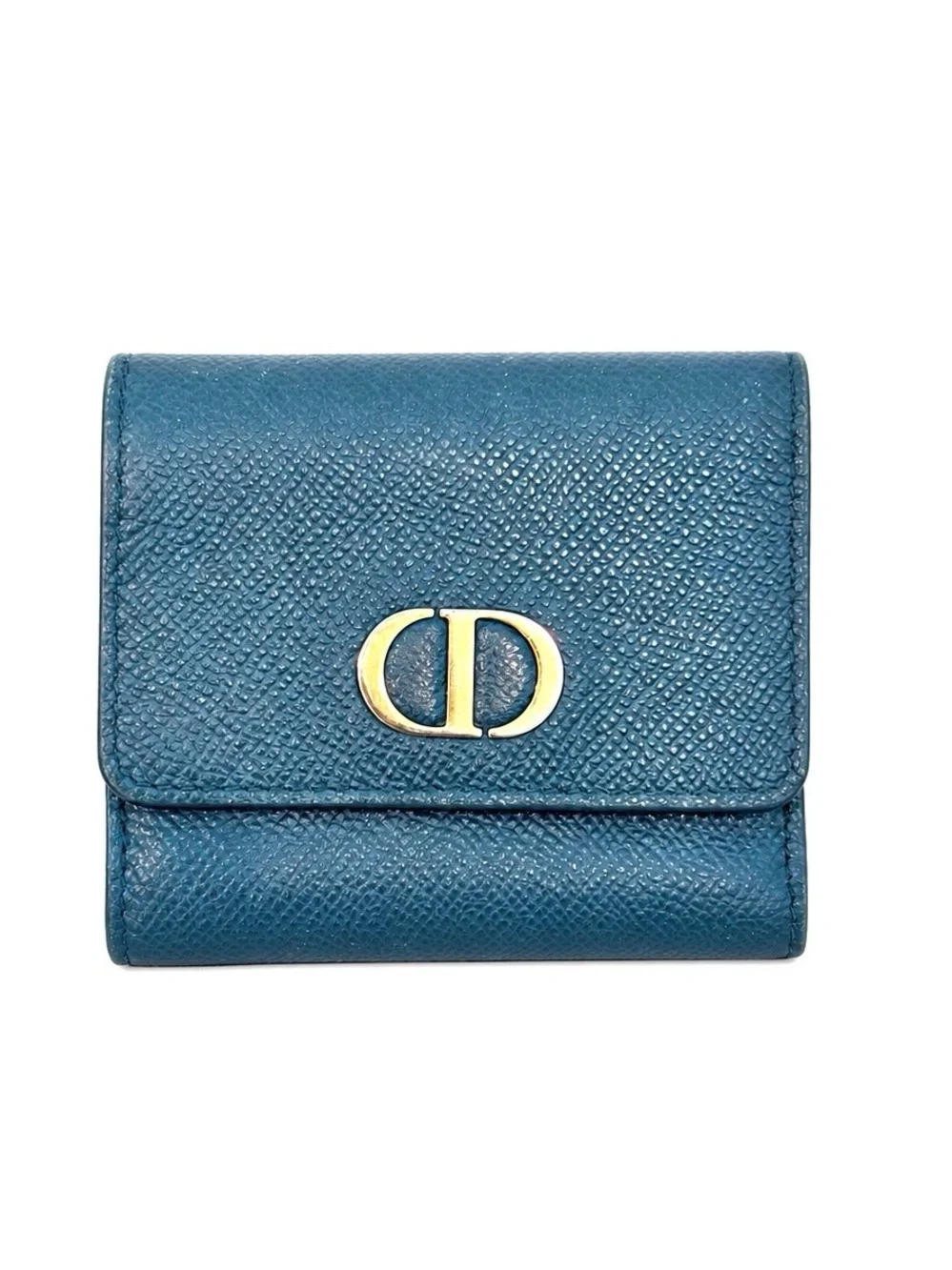 Christian Dior 30 Montaigne Lotus Teal Pebbled Leather Compact Wallet W/ COA
